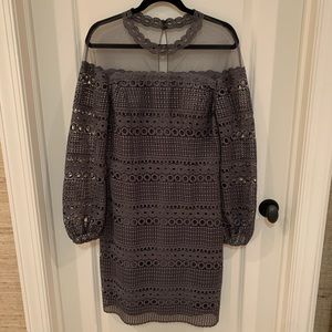 Gray eyelet dress by Kay Unger